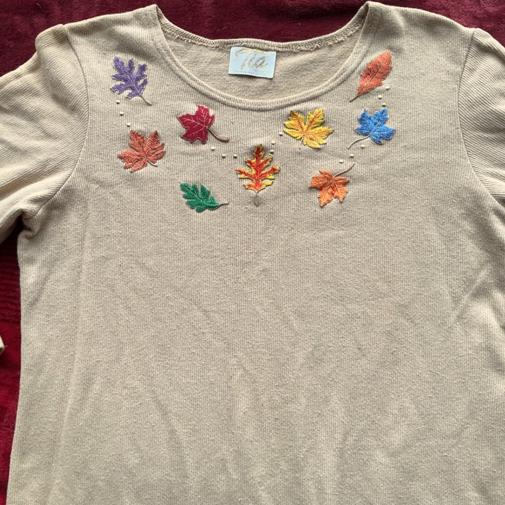 Tia Designs Shift Dress Womens Large Tan Good Embroidered Leaves 3/4 Sleeve USA
